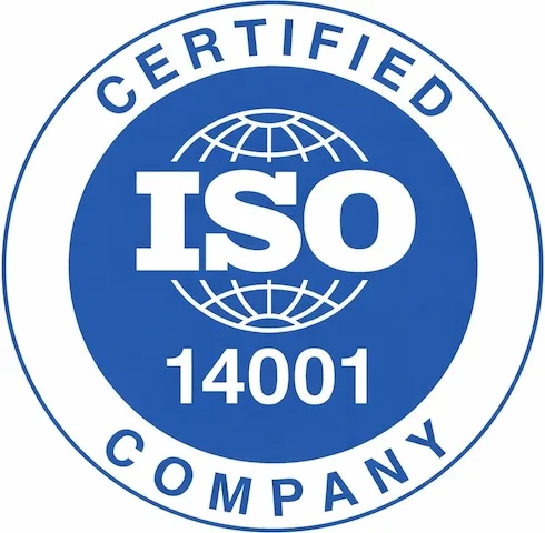 ISO 14001 Certified Company badge with blue circle and globe graphic