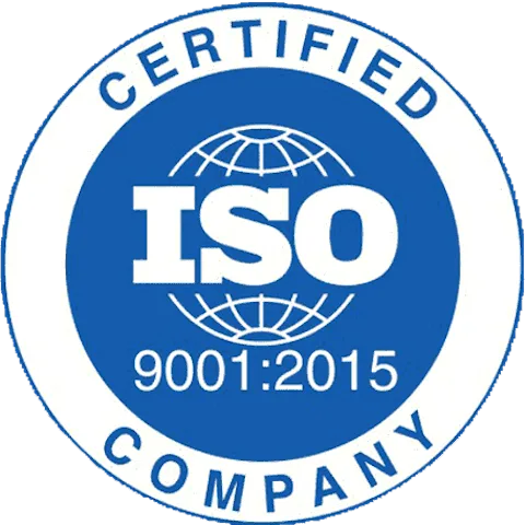 Blue circular ISO 9001:2015 Certified Company seal featuring a globe motif and white border